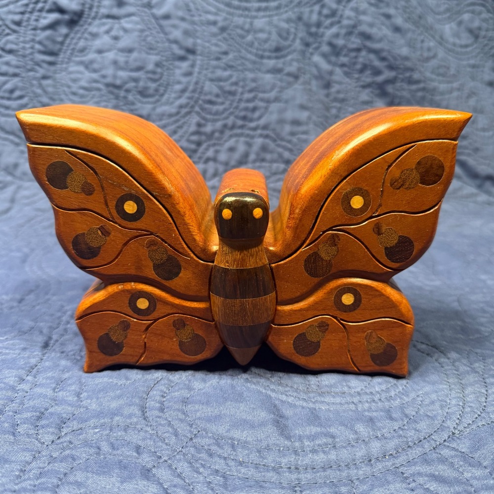 Handmade Wooden Butterfly Secret Puzzle Box Hidden Compartment Jewelry Read